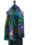 22x90 Original, One of a Kind Hand Painted Iris Shawl