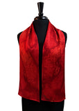 8x54 Hand Painted, One of a Kind Carmine Red Abstract Design Silk Charmeuse with Coral Undertones