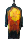 Silk Charmeuse One of a Kind Kimono Jacket with Free Hand Drawn Hibiscus