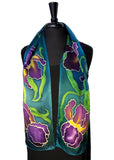 8" x 54" Hand Painted by Brush Silk Satin with Purple Bearded Irises on a Teal Background