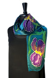 8" x 54" Hand Painted by Brush Silk Satin with Purple Bearded Irises on a Teal Background