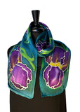 8" x 54" Hand Painted by Brush Silk Satin with Purple Bearded Irises on a Teal Background