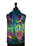8" x 54" Hand Painted by Brush Silk Satin with Purple Bearded Irises on a Teal Background
