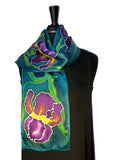 8" x 54" Hand Painted by Brush Silk Satin with Purple Bearded Irises on a Teal Background