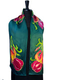 11 x 60 One of a Kind, Hand Painted, Free Hand Drawn Magenta & Gold Bearded Iris Silk Charmeuse Scarf on a Teal Background