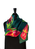 11 x 60 One of a Kind, Hand Painted, Free Hand Drawn Magenta & Gold Bearded Iris Silk Charmeuse Scarf on a Teal Background