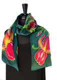 11 x 60 One of a Kind, Hand Painted, Free Hand Drawn Magenta & Gold Bearded Iris Silk Charmeuse Scarf on a Teal Background
