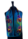 8" x 54" Hand Painted by Brush Silk Satin with Purple Bearded Irises on a Teal Background