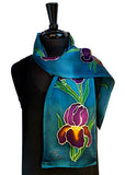 8" x 54" Hand Painted by Brush Silk Satin with Purple Bearded Irises on a Teal Background