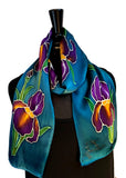 8" x 54" Hand Painted by Brush Silk Satin with Purple Bearded Irises on a Teal Background