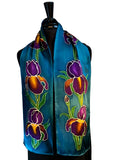 8" x 54" Hand Painted by Brush Silk Satin with Purple Bearded Irises on a Teal Background