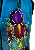 8" x 54" Hand Painted by Brush Silk Satin with Purple Bearded Irises on a Teal Background