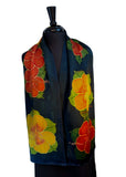 11 x 60 Hand Painted Silk Charmeuse Natrishka Hibiscus Flower Silk Scarf  with Metallic Gold & Rose Gold Accents