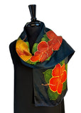 11 x 60 Hand Painted Silk Charmeuse Natrishka Hibiscus Flower Silk Scarf  with Metallic Gold & Rose Gold Accents