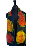 11 x 60 Hand Painted Silk Charmeuse Natrishka Hibiscus Flower Silk Scarf  with Metallic Gold & Rose Gold Accents