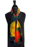 11 x 60 Hand Painted Silk Charmeuse Natrishka Hibiscus Flower Silk Scarf  with Metallic Gold & Rose Gold Accents