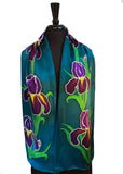 11" x 60" Hand Painted by Brush Silk Charmeuse with Purple Bearded Irises on a Teal Background