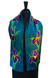 11" x 60" Hand Painted by Brush Silk Charmeuse with Purple Bearded Irises on a Teal Background