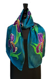 11" x 60" Hand Painted by Brush Silk Charmeuse with Purple Bearded Irises on a Teal Background