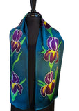 11" x 60" Hand Painted by Brush Silk Charmeuse with Purple Bearded Irises on a Teal Background