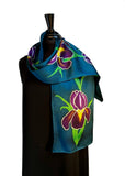11" x 60" Hand Painted by Brush Silk Charmeuse with Purple Bearded Irises on a Teal Background