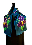 11" x 60" Hand Painted by Brush Silk Charmeuse with Purple Bearded Irises on a Teal Background