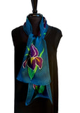 11" x 60" Hand Painted by Brush Silk Charmeuse with Purple Bearded Irises on a Teal Background