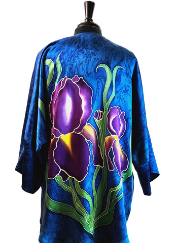 Silk Charmeuse One of a Kind Kimono Jacket with Free Hand Drawn Irises - COMMISSIONS AVAILABLE!