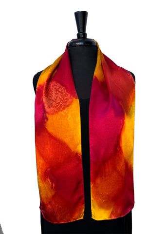 8" x 54" Silk Charmeuse Magenta, Gold, Yellow and Tangerine, the colors of a Lily, a Hand Painted Silk Scarf