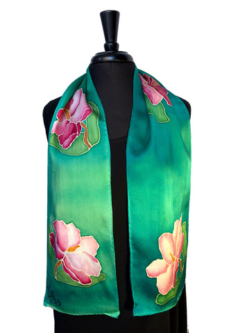 8" x 54" Hand Painted Silk Charmeuse Magenta & White Magnolias Scarf with Teal Background