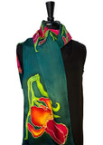 11 x 60 One of a Kind, Hand Painted, Free Hand Drawn Magenta & Gold Bearded Iris Silk Charmeuse Scarf on a Teal Background