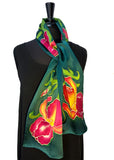 11 x 60 One of a Kind, Hand Painted, Free Hand Drawn Magenta & Gold Bearded Iris Silk Charmeuse Scarf on a Teal Background
