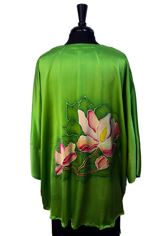 Original Hand Painted Kimono Silk Jacket with Freehand Drawn Magnolia Flowers, One Size Fits Most