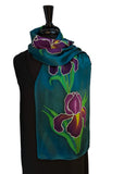 11" x 60" Hand Painted by Brush Silk Charmeuse with Purple Bearded Irises on a Teal Background