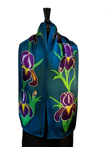 11" x 60" Hand Painted by Brush Silk Charmeuse with Purple Bearded Irises on a Teal Background